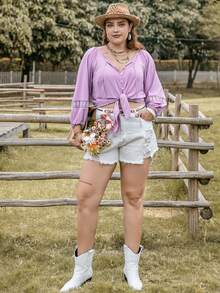 Rusttydustty 大碼繫帶領蕾絲拼接燈籠袖襯衫 - 紫色 - 查看 6