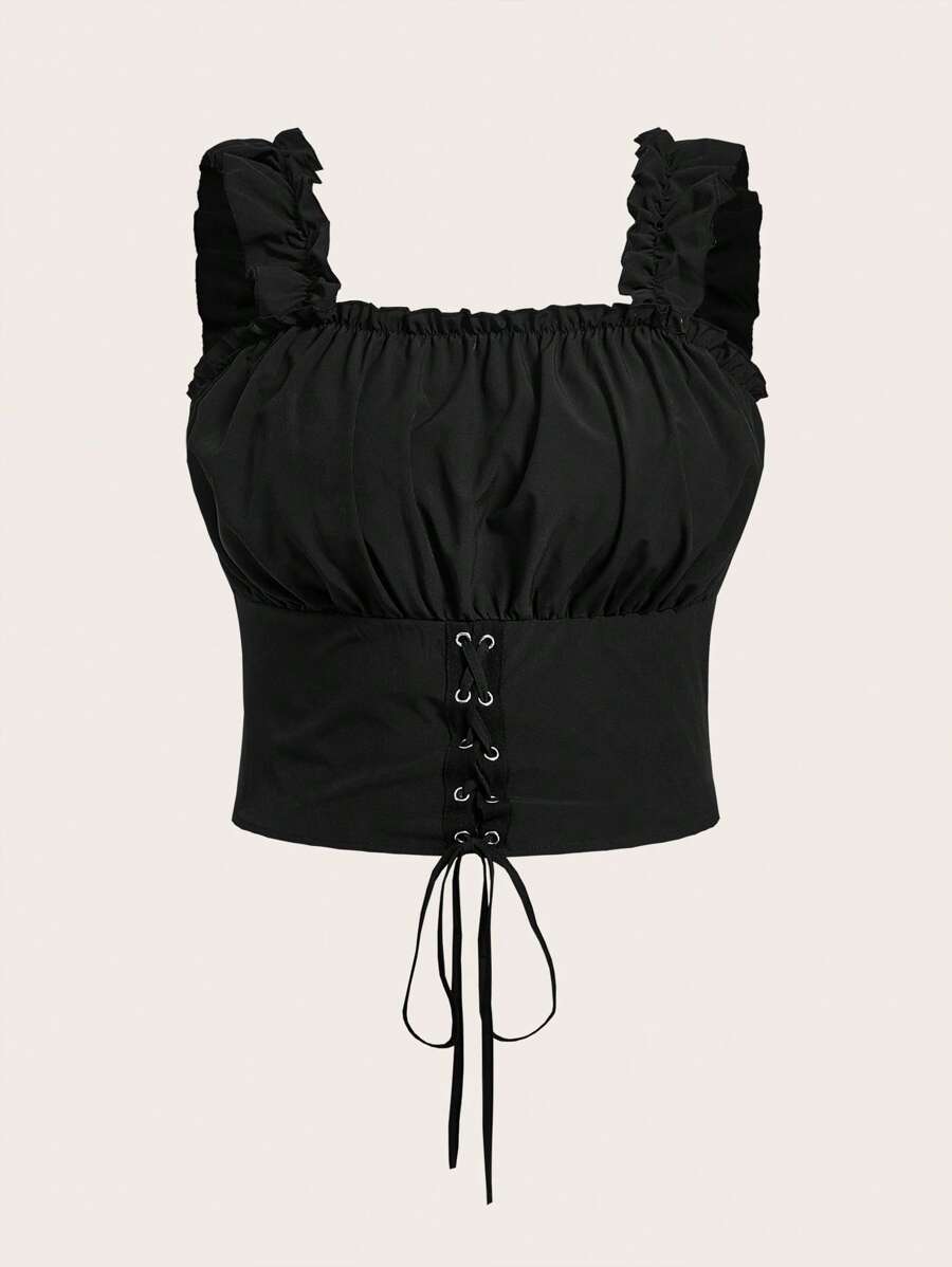Flirla Plus Lace Up Front Ruched Bust Cami Top - Black - View 1