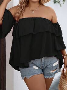 SHEIN Holidaya 大碼一字肩荷葉邊襯衫 - 黑色 - 查看 3