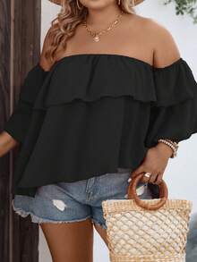 SHEIN Holidaya 大碼一字肩荷葉邊襯衫 - 黑色 - 查看 4