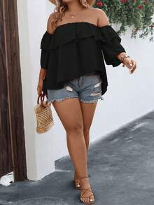 SHEIN Holidaya 大碼一字肩荷葉邊襯衫 - 黑色 - 查看 5
