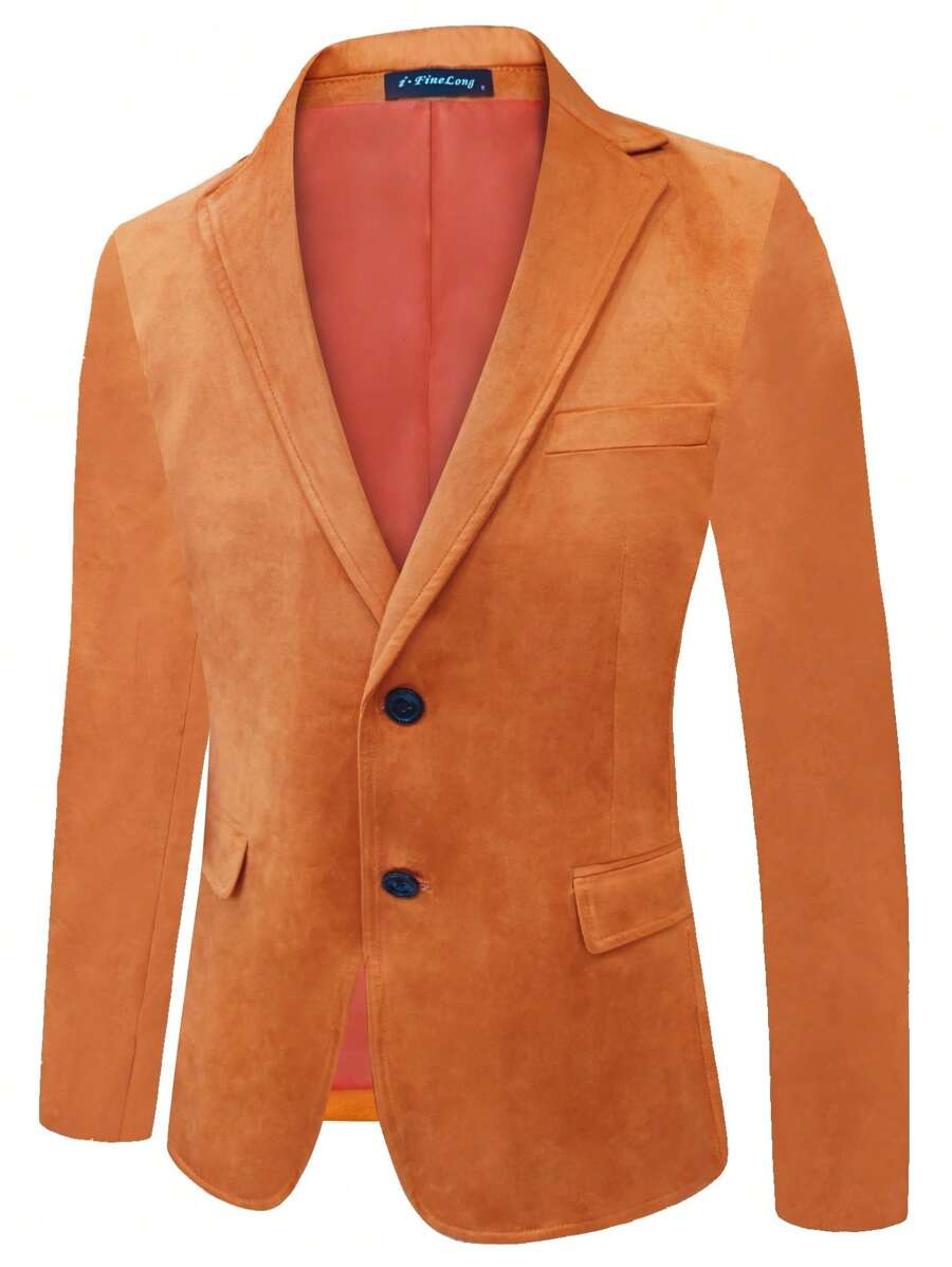 Men Lapel Neck Single Breasted Suedette Blazer - Brown - View 1