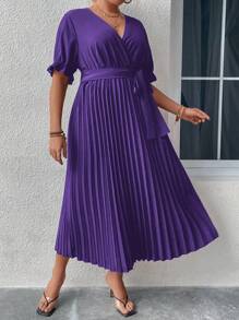 SHEIN Clasi 大碼荷葉袖百褶下擺繫腰帶洋裝 - 紫色 - 查看 5