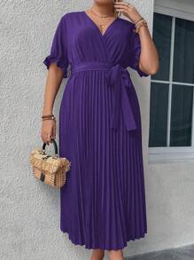 SHEIN Clasi 大碼荷葉袖百褶下擺繫腰帶洋裝 - 紫色 - 查看 6