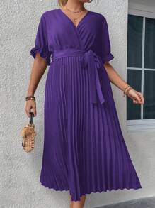 SHEIN Clasi 大碼荷葉袖百褶下擺繫腰帶洋裝 - 紫色 - 查看 7