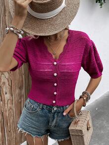 Knit Mix 貝殼邊泡泡袖開襟衫 - 玫紅色 - 查看 4