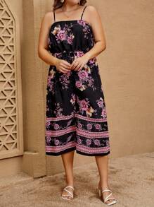 SHEIN VCAY Plus Floral Print Cami Jumpsuit - Black - View 3