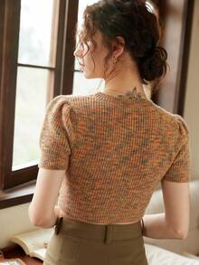 Knit Mix 休闲混合面料泡泡袖短款针织上衣，花卉印花随机 - 彩色 - 查看 2