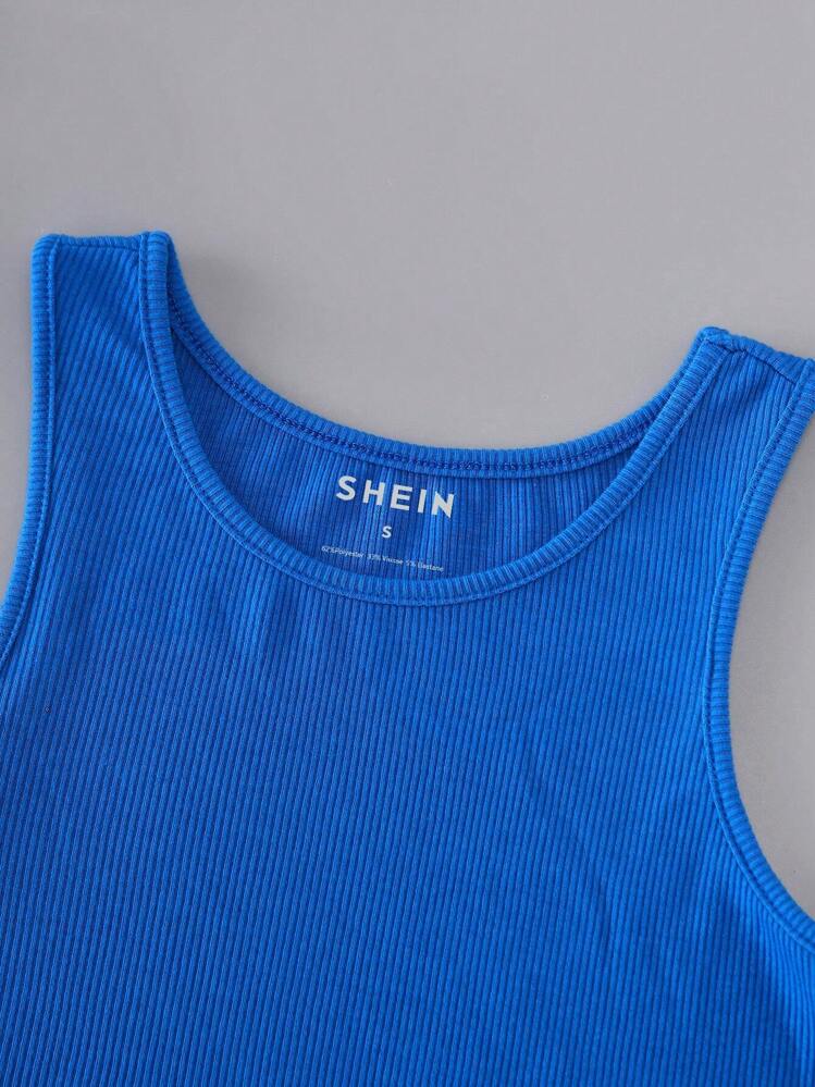 INAWLY Solid Ribbed Knit Tank Top - Royal Blue - View 3