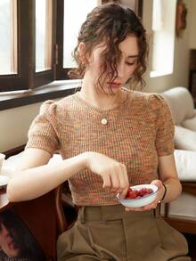 Knit Mix 休闲混合面料泡泡袖短款针织上衣，花卉印花随机 - 彩色 - 查看 3