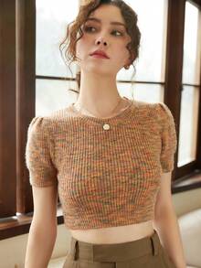 Knit Mix 休闲混合面料泡泡袖短款针织上衣，花卉印花随机 - 彩色 - 查看 4