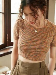 Knit Mix 休闲混合面料泡泡袖短款针织上衣，花卉印花随机 - 彩色 - 查看 5