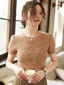 Knit Mix 休闲混合面料泡泡袖短款针织上衣，花卉印花随机 - 彩色 - 查看 6