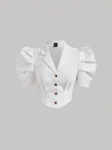 SHEIN MOD Lapel Collar Puff Sleeve Button Front Crop Blouse,Short Sleeve Tops - White - View 1