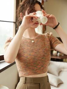 Knit Mix 休闲混合面料泡泡袖短款针织上衣，花卉印花随机 - 彩色 - 查看 7