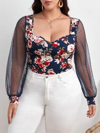 SHEIN Privé 大碼印花網紗拼接燈籠袖雞心領口上衣