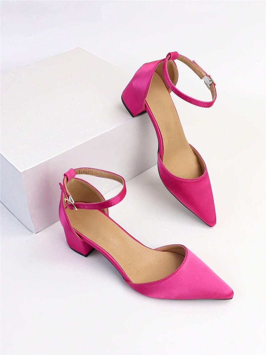 女士尖頭踝帶粗跟魅力四射熱粉色緞面高跟鞋 - 玫紅色 - 查看 1