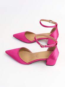女士尖頭踝帶粗跟魅力四射熱粉色緞面高跟鞋 - 玫紅色 - 查看 5