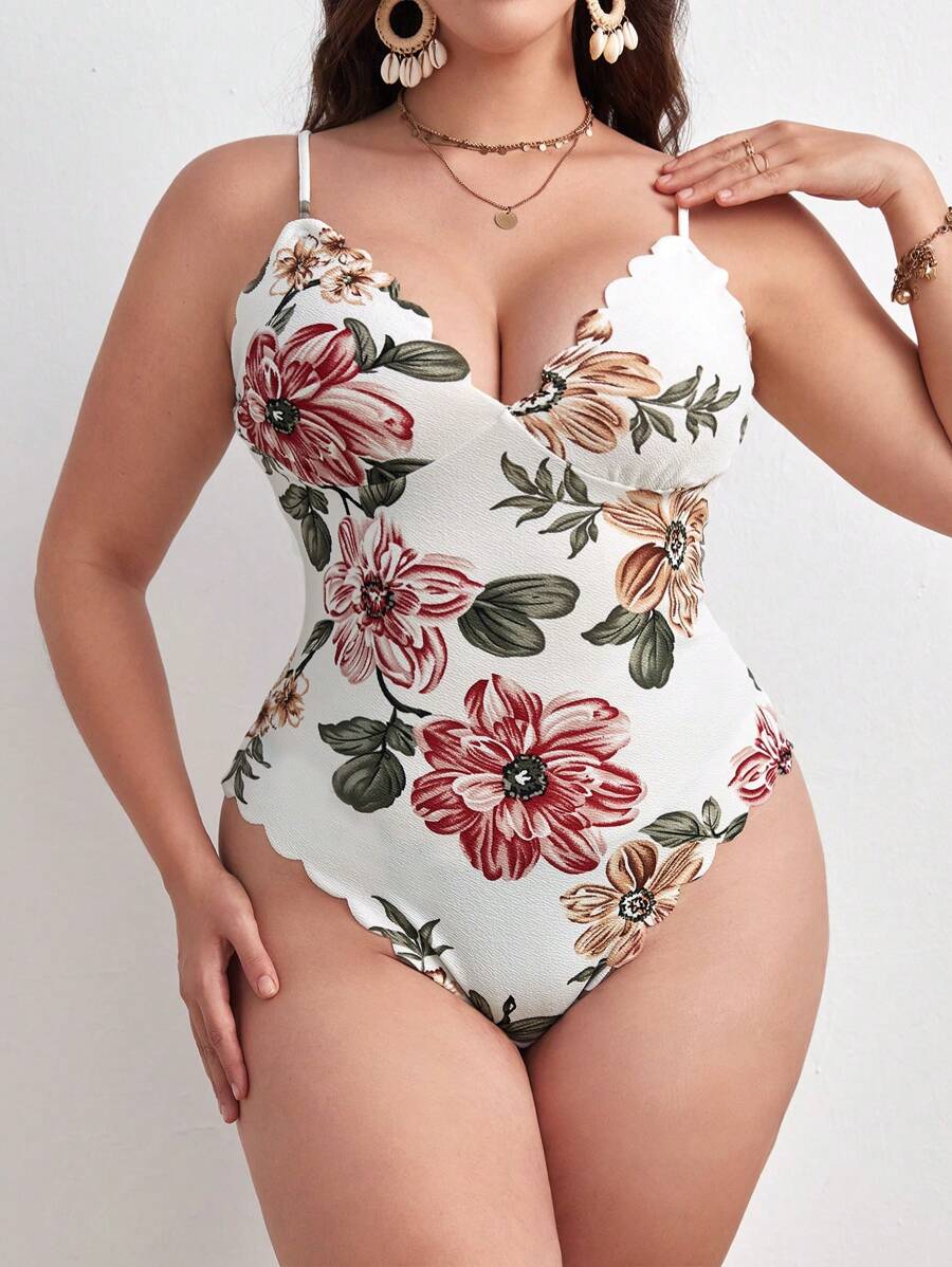 SHEIN Privé Plus Floral Print Scallop Trim Cami Bodysuit, Summer