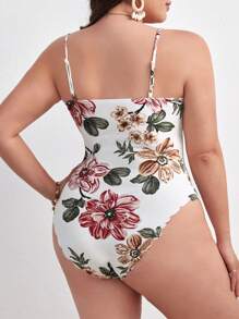 SHEIN Privé Plus Floral Print Scallop Trim Cami Bodysuit, Summer - White - View 3