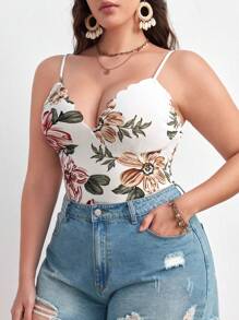 SHEIN Privé Plus Floral Print Scallop Trim Cami Bodysuit, Summer - White - View 6