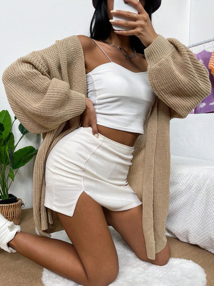 EMERY ROSE Lantern Sleeve Casual Design Cardigan,Long Sleeve Tops Fall Winter Cloth For Women - Camel - View 1