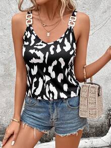 SHEIN LUNE Allover Print Chain Detail Top - Black and White - View 5