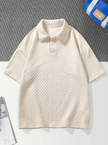 Manfinity Hypemode Men Textured Drop Shoulder Golf Polo Shirt , Button Up Collar Plain Cream Work Vintage Golf Polo Shirt , Boyfriend Gift - Apricot - View 3