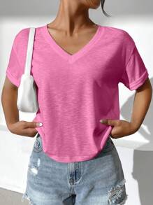 SHEIN Essnce 素色落肩袖V領T恤 - 玫紅色 - 查看 4