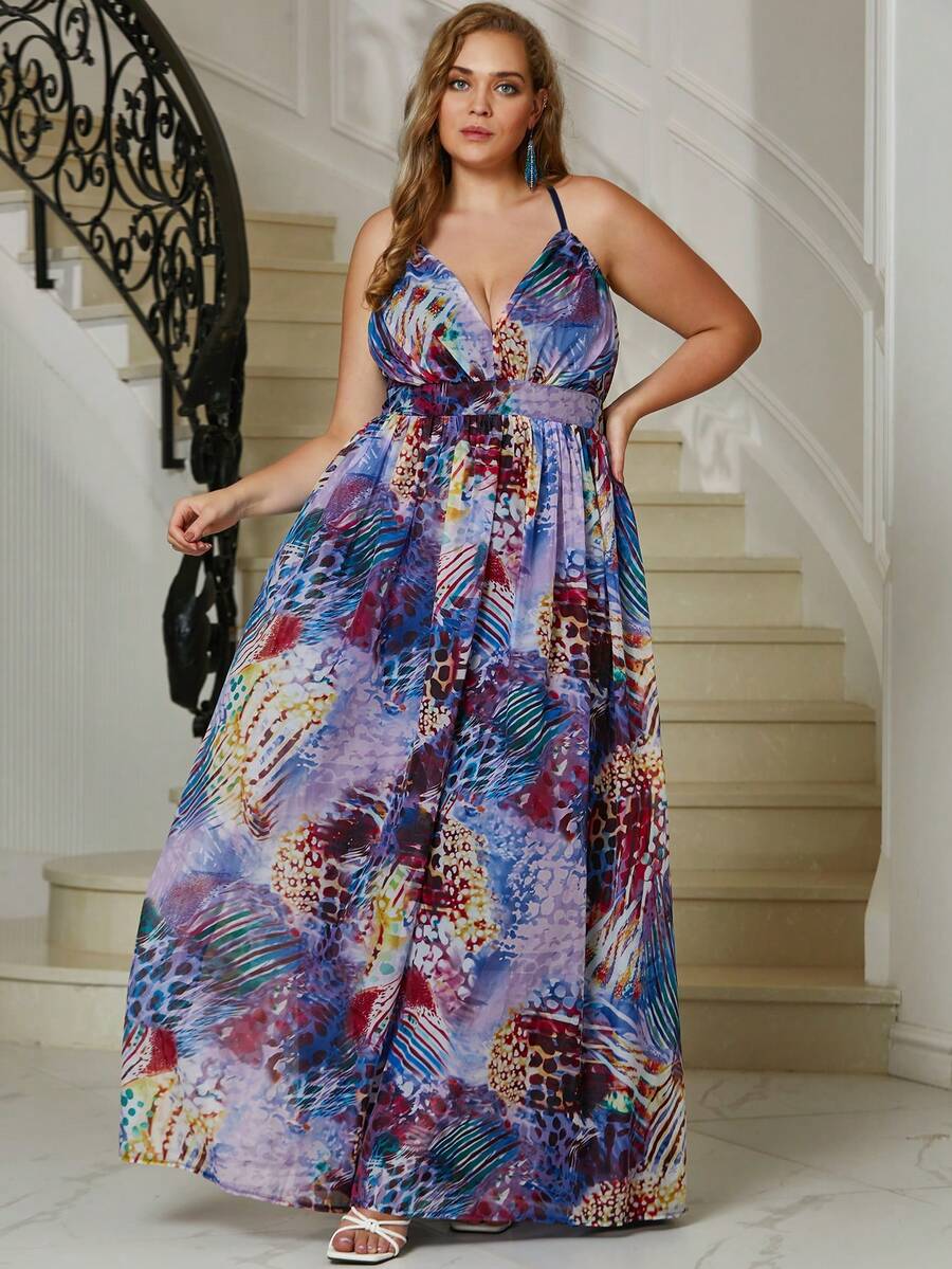 YISIKADO 大碼優雅全身印花連衣裙