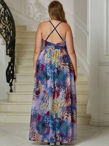 YISIKADO 大碼優雅全身印花連衣裙 - 藍色 - 查看 3