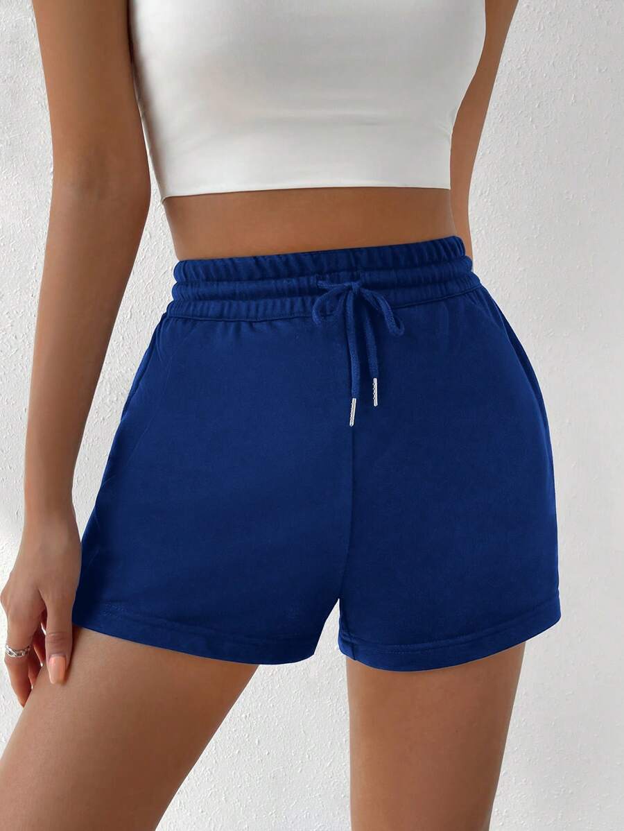 SHEIN EZwear Drawstring Waist Solid Track Shorts - Blue - View 1
