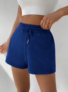 SHEIN EZwear Drawstring Waist Solid Track Shorts - Blue - View 3