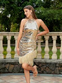 D&M Halter Kleid mit Fransen, Wickelsaum, Paillette,