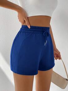 SHEIN EZwear Drawstring Waist Solid Track Shorts - Blue - View 5