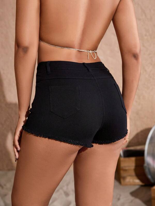 Apperloth A Studded Detail Trim Raw Hem Booty Denim Shorts SHEIN USA