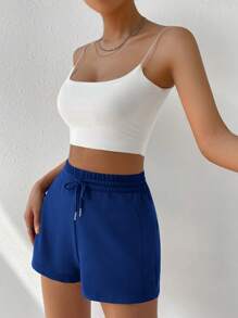 SHEIN EZwear Drawstring Waist Solid Track Shorts - Blue - View 6