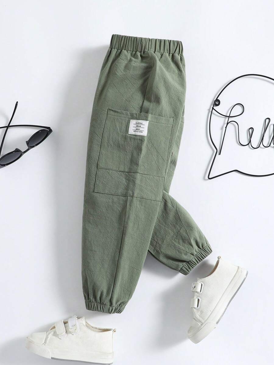 SHEIN Toddler Boys Letter Patched Detail Dual Pocket Trousers - Army Green - View 1