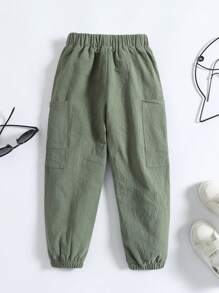 SHEIN Toddler Boys Letter Patched Detail Dual Pocket Trousers - Army Green - View 2