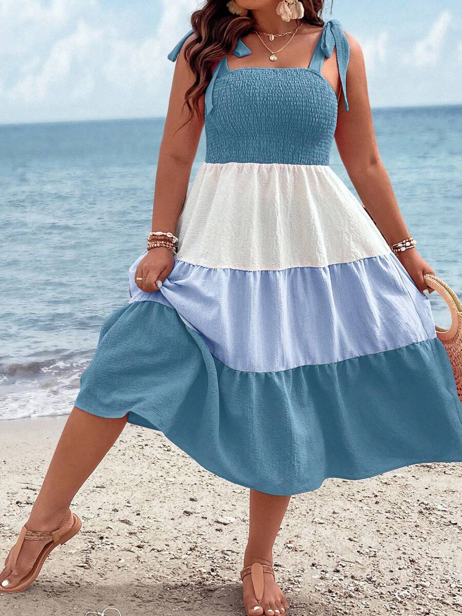 Breezaya Vestido de tirantes de color combinado de hombros con cordón bajo con fruncido - Azul - Ver 1