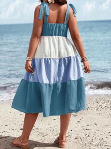 Breezaya Vestido de tirantes de color combinado de hombros con cordón bajo con fruncido - Azul - Ver 2