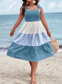 Breezaya Vestido de tirantes de color combinado de hombros con cordón bajo con fruncido - Azul - Ver 3