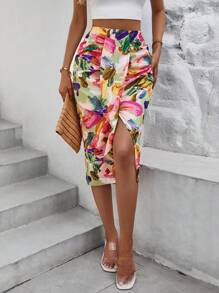 SHEIN LUNE Floral Print Split Thigh Skirt - Multicolor - View 4