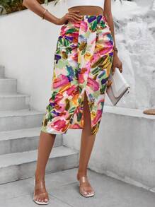 SHEIN LUNE Floral Print Split Thigh Skirt - Multicolor - View 6