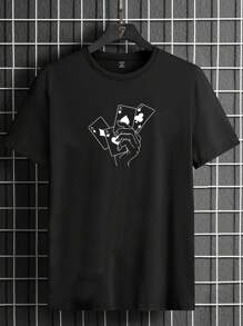 GENTILAND Men Plus Cotton Playing Card Print Tee - Black - View 1