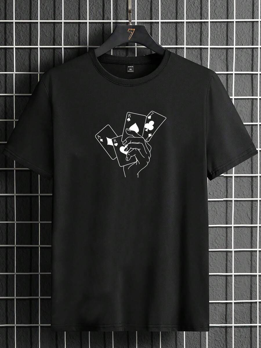 GENTILAND Men Plus Cotton Playing Card Print Tee - Black - View 1