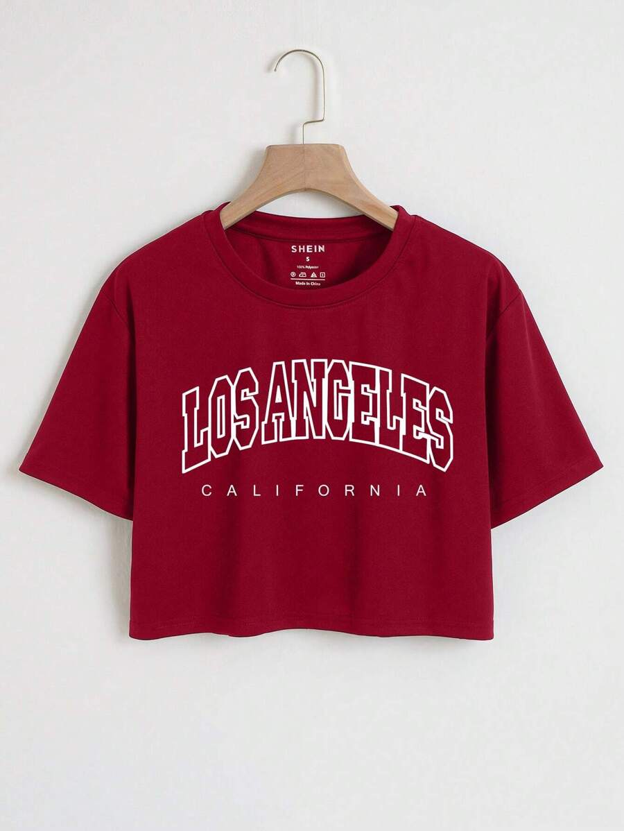 INAWLY Letter Graphic Crop Tee Graphic Tees Women Tops - Burgundy - View 1