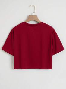 INAWLY Letter Graphic Crop Tee Graphic Tees Women Tops - Burgundy - View 2