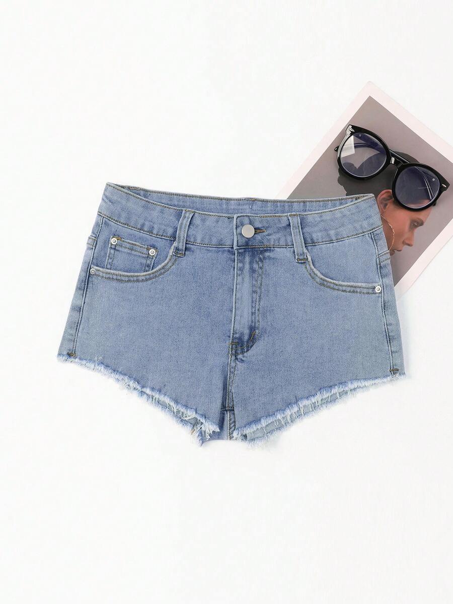 毛邊牛仔短褲 - 淺色水洗藍 - 查看 1
