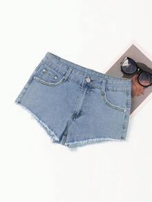 毛邊牛仔短褲 - 淺色水洗藍 - 查看 3